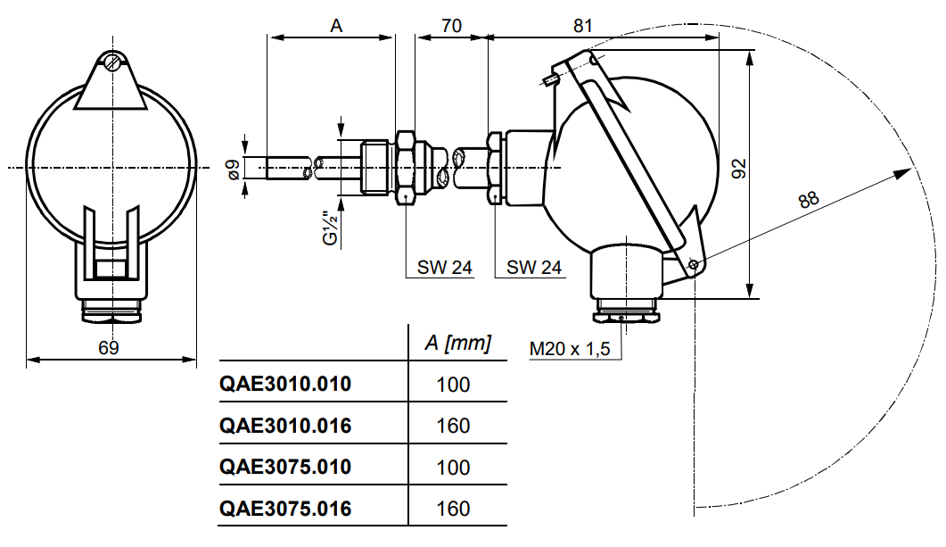 Siemens QAE3075.010 - Dimensions